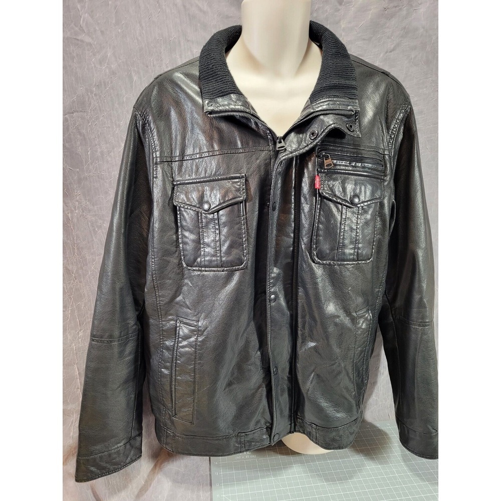 Levi's Bomber Motorcycle Jacket Black Faux Leather Red Tab Sherpa Lined XL‎